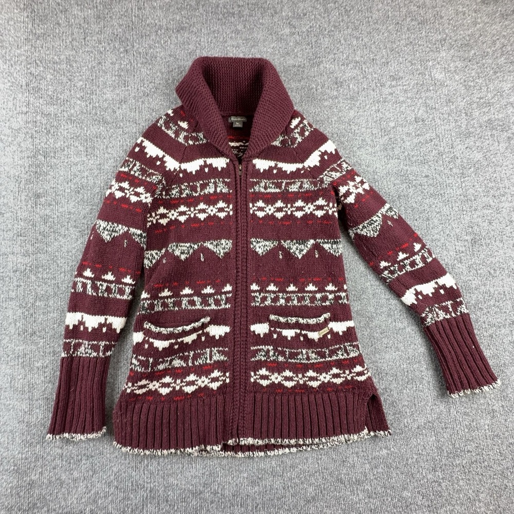 Eddie Bauer Cardigan Sweater Womens Small Red Fair Isle Full Zip Collar Pockets